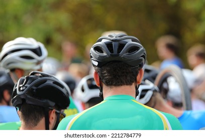 Head Of A Cyclist With Protective Helmet At The Start Of A Cycling Race