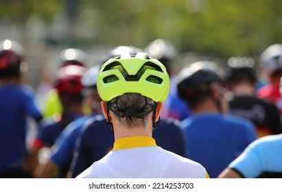 Head Of A Cyclist With Protective Helmet At The Start Of A Cycling Race