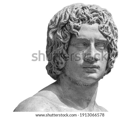 Head detail of the ancient man sculpture. Stone face isolated on white background. Antique marble statue of mythical character
