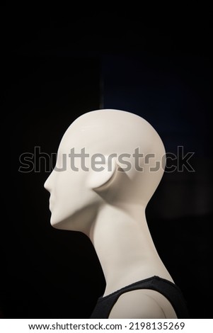 Head of a female mannequin in a shop window in Berlin …......                               