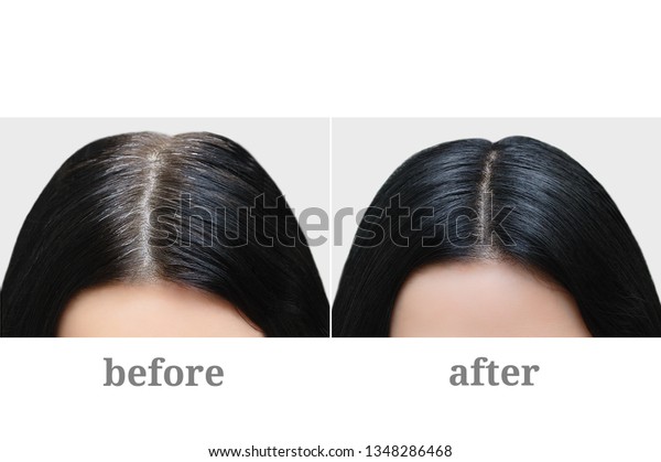 Head of a girl with black gray hair. Hair\
coloring. Before and\
after.
