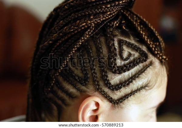 head of a girl with braided hair,\
small braids African-style on the white-skinned\
girl