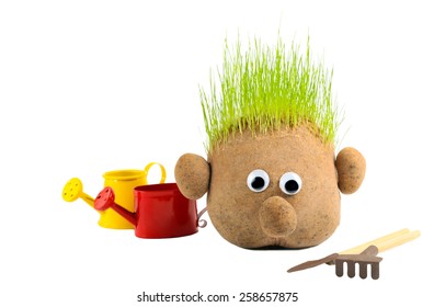 Head with grass and gardening tools on white background