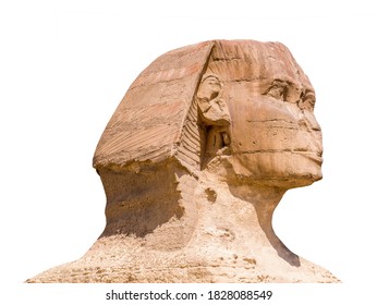 Head of the Great Sphinx of Giza isolated on white background. Greater Cairo, Egypt.