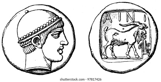 Head of Hermes, the Goat, Tetradrahmon of Enos in Thrace, Peloponnesian War era - an illustration to articke "Coins" of the encyclopedia publishers Education, St. Petersburg, Russian Empire, 1896