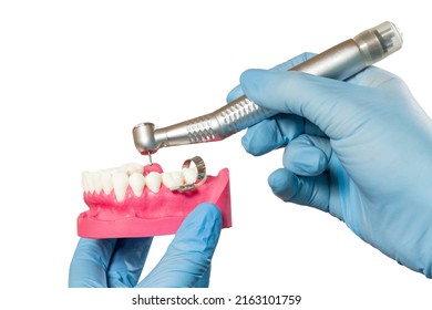 Head of high-speed dental handpiece with bur and a layout of the human jaw in dentist's handson the white isolated background. Dental instruments for dental treatment. Close-up view.