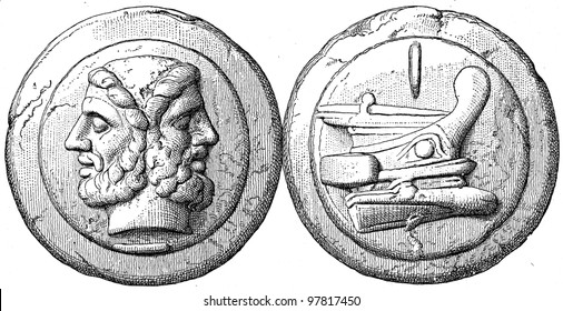 Head of Janus, the ship cast Roman coin As - an illustration to articke "Coins" of the encyclopedia publishers Education, St. Petersburg, Russian Empire, 1896