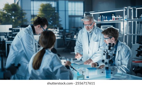 Head of Laboratory Making a Bioengineering Experiment with a Group of Young Science College Students. Future Specialists Working with Modern Microscopes, Using Tablet and Laptop Computers