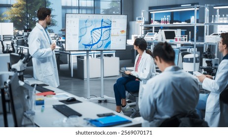 Head of Laboratory Making a Bioengineering Lecture for a Group of Young Science College Students. Promising Female Student Asking Teacher a Question About a DNA Gene Editing Process