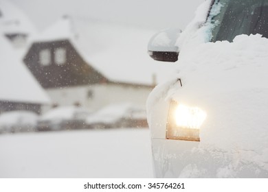 Head Light Of The Car On Winter Road