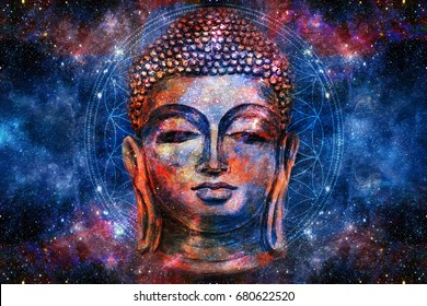 Head Of Lord Buddha Digital Art Collage Combined With Watercolor