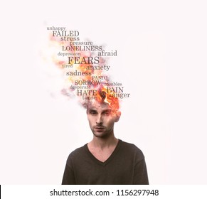 Head Of Man Exploding And Burning On Fire From Negative Thoughts. Negative People Emotions Words Concept. Mental Health. Isolated On White Background


