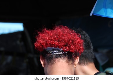 head of a man with a funny hairstyle red-colored curly hair