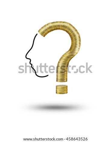 Head man with question mark made of gold money coins on white background.For business and financial concept ideas.