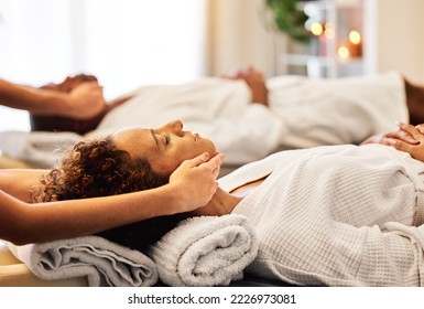 Head massage, couple and spa for zen and relax massage from a massage therapist in a beauty spa. Facial massage, break and calm man and woman with masseuse for stress relief and treatment. - Powered by Shutterstock