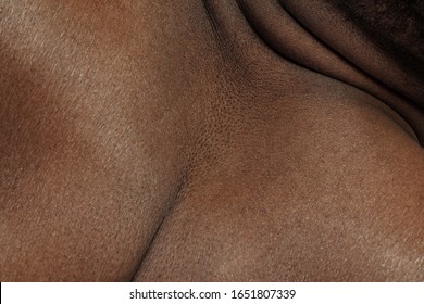 Head, Neck. Detailed Texture Of Human Skin. Close Up Shot Of Young African-american Male Body. Skincare, Bodycare, Healthcare, Hygiene And Medicine Concept. Looks Beauty And Well-kept. Dermatology.