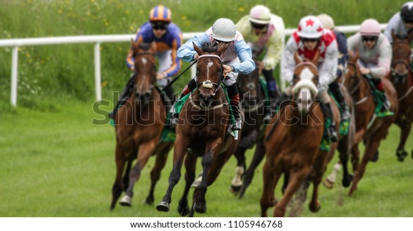 Head\
on view of galloping race horses and jockeys\
racing