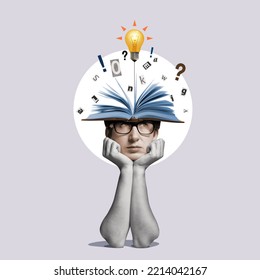 Head with an open book and a light bulb as a metaphor for a new idea. Art collage. - Shutterstock ID 2214042167