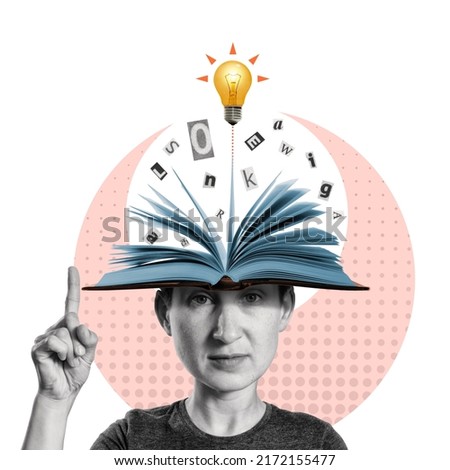 Head with an open book and a light bulb as a metaphor for a new idea. Art collage.
