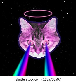Head of pink monster cat flies in deep space and shoots lasers from eyes. Art collage concept of 90s or 80s   