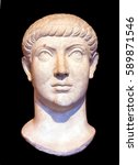 Head of Roman emperor Constantius II or Constans, isolated on black background