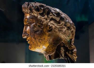 Head of Roman Goddess Sulis Minerva found in the Temple of Roman Baths at Bath in the UK.