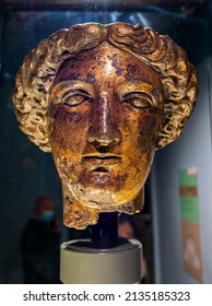 Head of Roman Goddess Sulis Minerva found in the Temple of Roman Baths at Bath in the UK.
