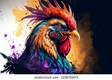 Head rooster portrait with multi-colored feathers on dark background