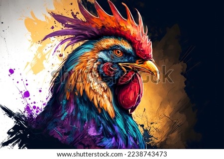 Head rooster portrait with multi-colored feathers on dark background