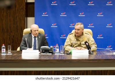 Head Of Roscosmos Dmitry Rogozin And Kenneth Dwane Bowersox At A Press Conference. Baikonur, Kazakhstan - February 25, 2021