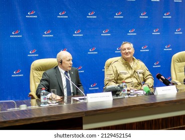 Head Of Roscosmos Dmitry Rogozin And Kenneth Dwane Bowersox At A Press Conference. Baikonur, Kazakhstan - February 25, 2021