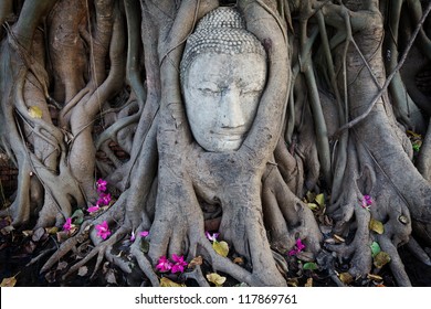 Head of Sandstone Buddha in The Tree Roots at Wat Mahathat, Ayutthaya, Thailand - Powered by Shutterstock