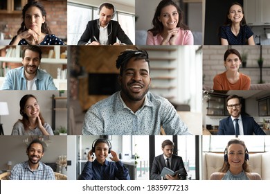 Head shot African American businessman executive leading internet meeting with colleagues, employees team using webcam and social media platform for group video call, brainstorming project ideas - Shutterstock ID 1835977213