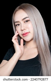 head shot of caucasian beauty girl ashen hair wear black t shirt with studio lighting for cosmatic black background - Shutterstock ID 2240792877