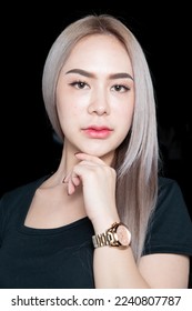head shot of caucasian beauty girl ashen hair wear black t shirt with studio lighting for cosmatic black background - Shutterstock ID 2240807787
