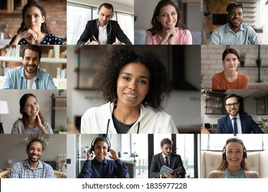 Head Shot Diverse Business People Partners Engaged In Online Conference, Using Webcam And Social Media Platform For Group Video Call, Colleagues Brainstorming, Negotiating, Internet Corporate Meeting