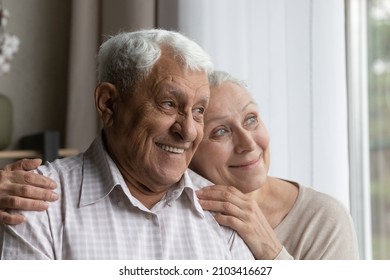 Head shot happy dreamy bonding old senior married couple of pensioners looking out of window in distance, thinking of pleasant life moments or recollecting good memories, ageing process concept.