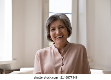 Head Shot Happy Middle-aged Grey-haired Woman Sits On Couch Smile Looks At Camera, Optimistic Female Laughing Pose Staring At Cam. Carefree Retiree Portrait, Medical Insurance Cover For Olders Concept