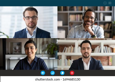 Head shot participants videoconference on-line meeting. Middle-east indian african european partners negotiating use videocall. Corporate staff solve issues remotely easy virtual communication concept