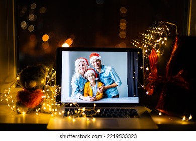 Head Shot Portrait Attractive Family Make Video Conference Call At Christmas, Distant Interaction Using Modern Tech Concept