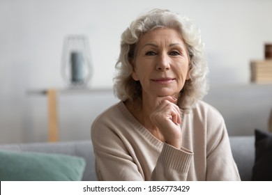 Head Shot Portrait Beautiful Middle Aged Woman Looking At Camera, Sitting On Cozy Couch At Home, Attractive Mature Senior Female Touching Chin, Posing For Photo, Natural Beauty And Skincare