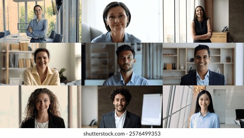 Head shot portrait different age and race people pose in office workplace smiling, posing looking at camera. Video call application users, virtual meeting event, remote communication, hr, collage view