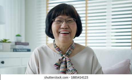 Head Shot Portrait Happy Healthy Middle Aged Asian Woman With Eyeglasses Sitting On Sofa At Home. Old Lady Laughing, Smiling And Looking At Video Camera In Living Room. Screen Video Call Shot.