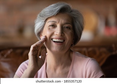 Head shot portrait happy mature grey haired woman talking, looking at camera, smiling grandmother making video call to relatives, chatting online, speaking to webcam, blogger recording vlog