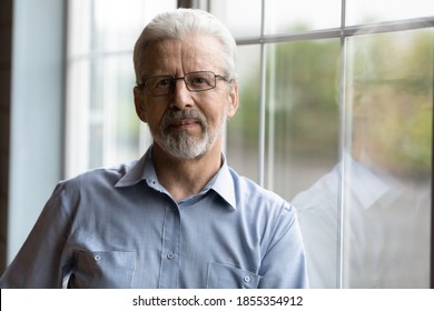 Head shot portrait mature grey haired man wearing glasses standing near window, senior grandfather in spectacles looking at camera, posing for photo at home, elderly generation concept - Powered by Shutterstock