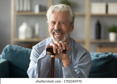 Head Shot Portrait Smiling Mature Man With Walking Stick Sitting On Couch At Home, Happy Older Senior Male Holding Hands On Wooden Cane, Looking At Camera, Elderly People Healthcare Concept