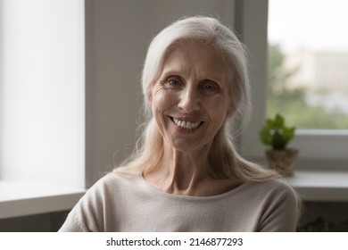 Head Shot Portrait Smiling Optimistic Grey-haired Senior Female Sit Indoor Pose Staring At Camera Looks Happy, Enjoy Carefree Untroubled Retired Life. Medical Insurance Cover For Older Citizen Concept