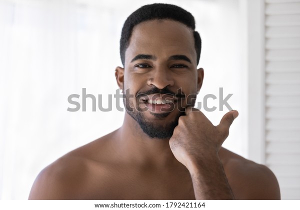 Head Shot Portrait Smiling Satisfied African American Young Man