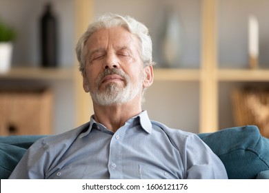 Head shot portrait tranquil serene 50s elderly grey-haired man closed eyes leaned on sofa has day nap, resting alone at home. Repose and relaxation free time, no anxiety and stress daydreaming concept - Powered by Shutterstock