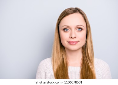 Head shot portrait of trendy gorgeous cute girl with natural makeup looking at camera isolated on grey background having caucasian nationality - Shutterstock ID 1106078531